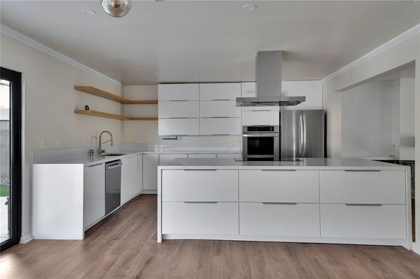 Interior, Kitchen, Recessed Lighting, Stainless Steel Appliances, Wood Texture Flooring