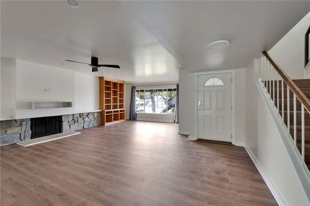 Empty room, Fireplace, Interior, Recessed Lighting, Wood Texture Flooring
