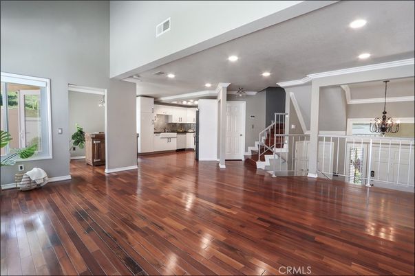 Chandelier, Empty room, Interior, Kitchen, Recessed Lighting, Wood Texture Flooring
