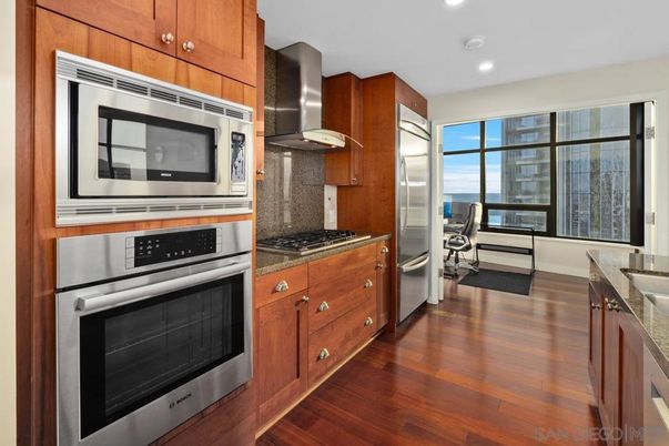 Interior, Kitchen, Recessed Lighting, Stainless Steel Appliances, Water, Wood Texture Flooring