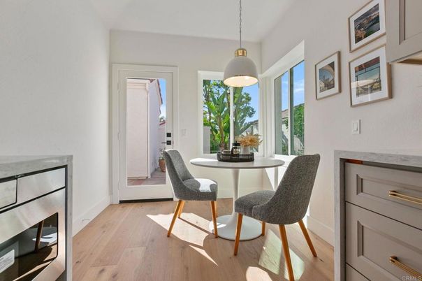 Dining room, Interior, Pendant Lights, Wood Texture Flooring