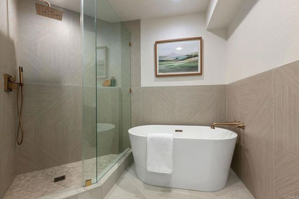 Bathroom, Free Standing Baths, Glass Shower, Interior, Recessed Lighting