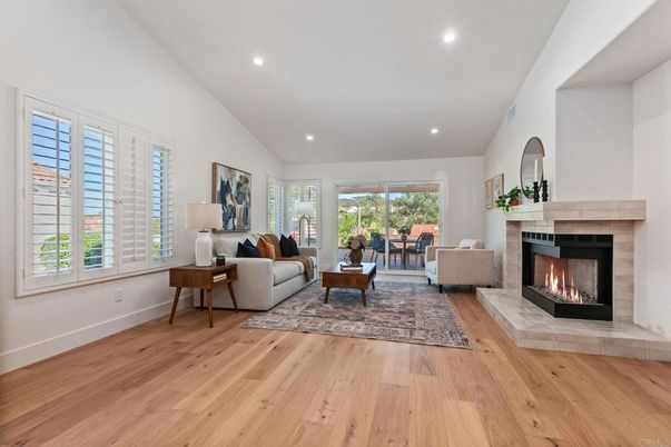 Fireplace, Interior, Living room, Recessed Lighting, Wood Texture Flooring