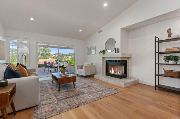 Fireplace, Interior, Living room, Recessed Lighting, Wood Texture Flooring