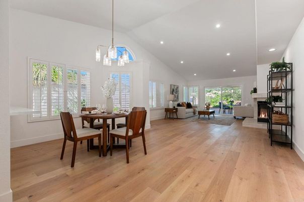 Dining room, Fireplace, Interior, Living room, Pendant Lights, Recessed Lighting, Wood Texture Flooring