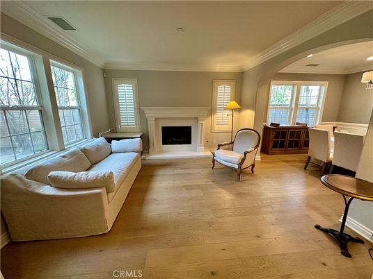 Fireplace, Interior, Living room, Recessed Lighting, Wood Texture Flooring