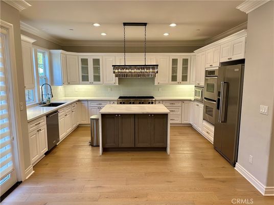 Chandelier, Interior, Kitchen, Pendant Lights, Recessed Lighting, Stainless Steel Appliances, Wood Texture Flooring