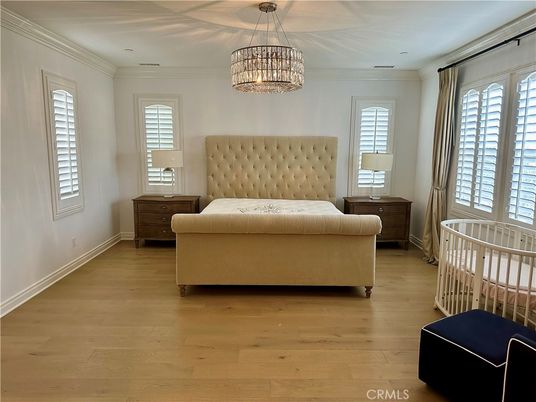Bedroom, Chandelier, Interior, Pendant Lights, Wood Texture Flooring