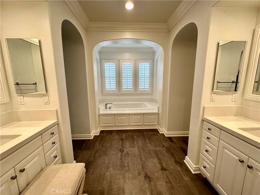 Bathroom, Dual Sink Vanities, Interior, Recessed Lighting, Wood Texture Flooring