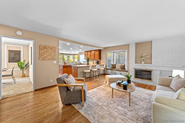 Fireplace, Interior, Kitchen, Living room, Recessed Lighting, Stone Walls, Wood Texture Flooring