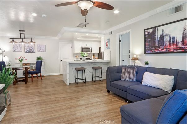 Dining room, Interior, Kitchen, Living room, Pendant Lights, Recessed Lighting, Stainless Steel Appliances, Wood Texture Flooring