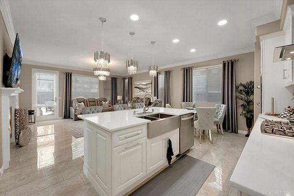 Chandelier, Dining room, Fireplace, Interior, Kitchen, Living room, Pendant Lights, Recessed Lighting