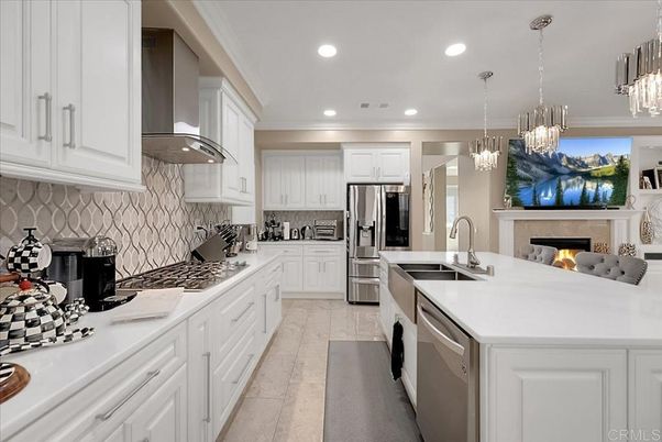 Fireplace, Interior, Kitchen, Pendant Lights, Recessed Lighting, Stainless Steel Appliances