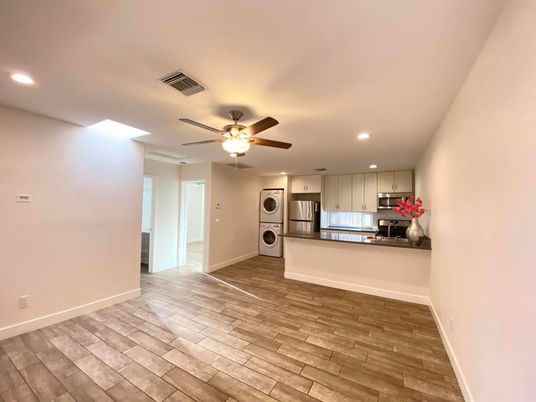 Empty room, Interior, Kitchen, Recessed Lighting, Wood Texture Flooring