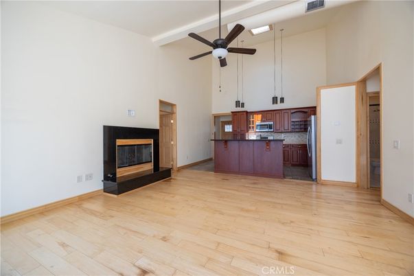 Empty room, Fireplace, Interior, Kitchen, Wood Texture Flooring