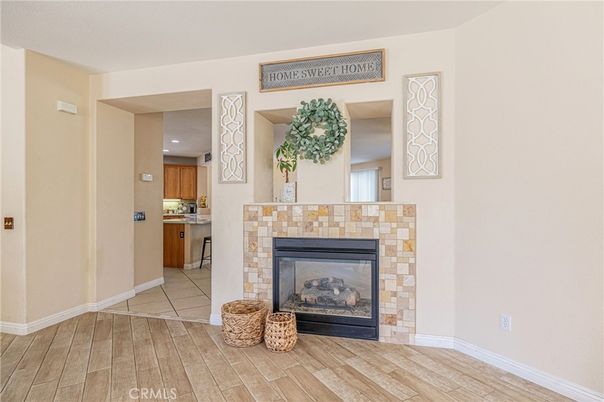 Fireplace, Interior, Kitchen, Recessed Lighting, Wood Texture Flooring