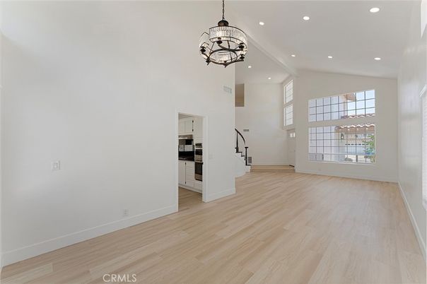 Chandelier, Empty room, Interior, Recessed Lighting, Wood Texture Flooring