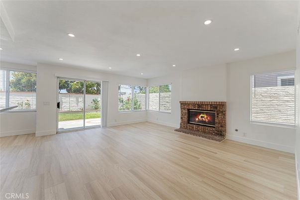 Empty room, Fireplace, Interior, Recessed Lighting, Wood Texture Flooring