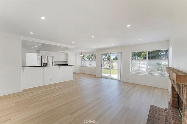 Empty room, Interior, Kitchen, Pendant Lights, Recessed Lighting, Wood Texture Flooring