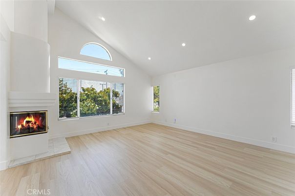 Empty room, Fireplace, Interior, Recessed Lighting, Wood Texture Flooring