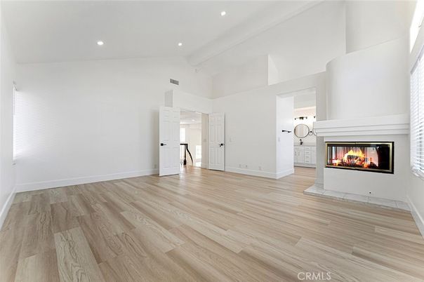 Empty room, Fireplace, Interior, Recessed Lighting, Wood Texture Flooring