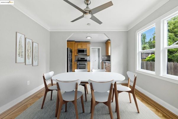 Dining room, Interior, Kitchen, Recessed Lighting, Stainless Steel Appliances, Wood Texture Flooring