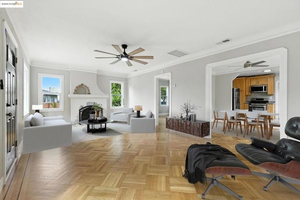 Dining room, Fireplace, Interior, Kitchen, Living room, Stainless Steel Appliances, Wood Texture Flooring