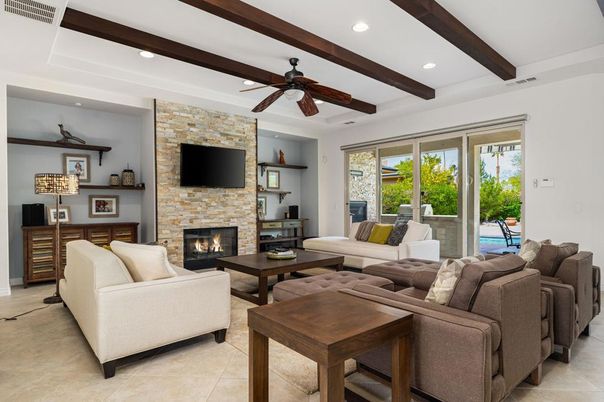 Fireplace, Interior, Living room, Recessed Lighting, Stone Walls, Wooden Beams