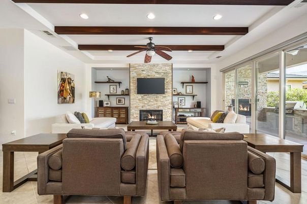 Fireplace, Interior, Living room, Recessed Lighting, Stone Walls, Wooden Beams