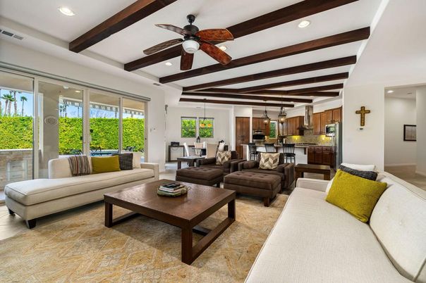 Dining room, Interior, Living room, Pendant Lights, Recessed Lighting, Wooden Beams