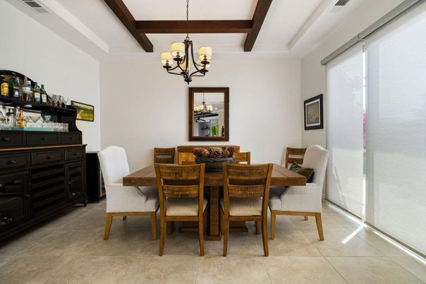 Chandelier, Dining room, Interior, Wooden Beams
