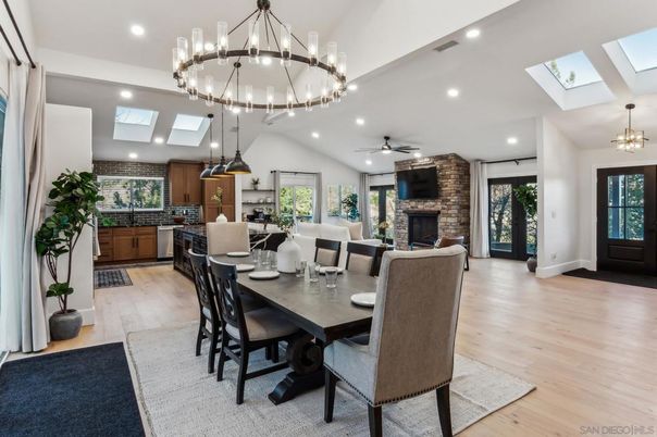 Chandelier, Dining room, Fireplace, Interior, Kitchen, Pendant Lights, Recessed Lighting, Wood Texture Flooring