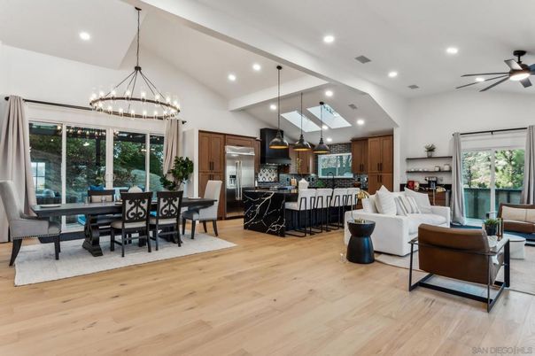 Chandelier, Dining room, Interior, Kitchen, Living room, Pendant Lights, Recessed Lighting, Stainless Steel Appliances, Wood Texture Flooring