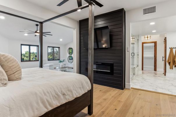 Bathroom, Bedroom, Fireplace, Interior, Marble, Recessed Lighting, Wood Texture Flooring