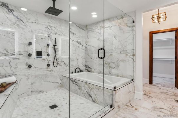 Bathroom, Glass Shower, Interior, Marble, Marble Walls, Recessed Lighting