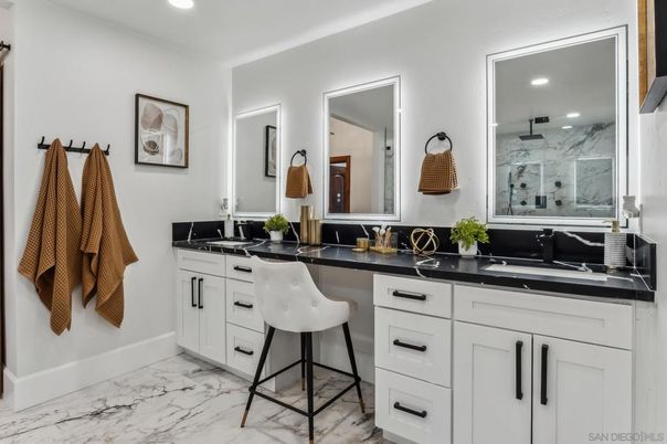 Bathroom, Dual Sink Vanities, Glass Shower, Interior, Marble, Marble Walls, Recessed Lighting
