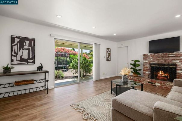Fireplace, Interior, Living room, Recessed Lighting, Wood Texture Flooring