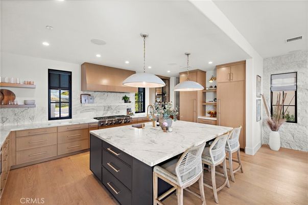 Interior, Kitchen, Marble Walls, Pendant Lights, Recessed Lighting, Wood Texture Flooring
