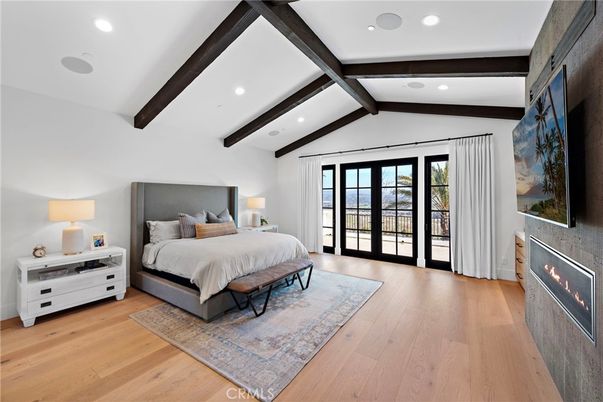 Bedroom, Fireplace, Interior, Recessed Lighting, Wooden Beams, Wood Texture Flooring