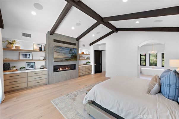 Bedroom, Fireplace, Interior, Pendant Lights, Recessed Lighting, Wooden Beams, Wood Texture Flooring