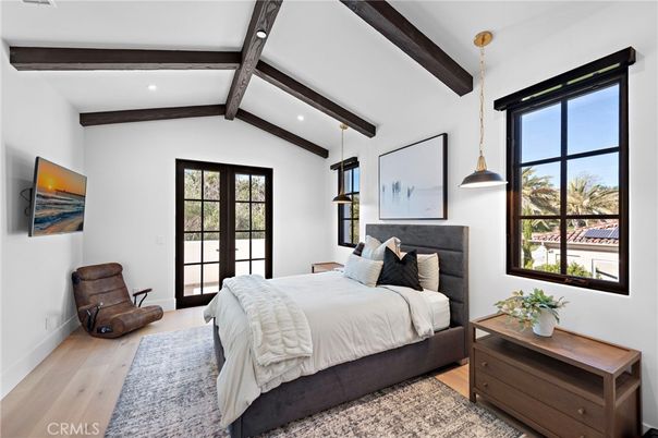 Bedroom, Interior, Pendant Lights, Recessed Lighting, Wooden Beams, Wood Texture Flooring