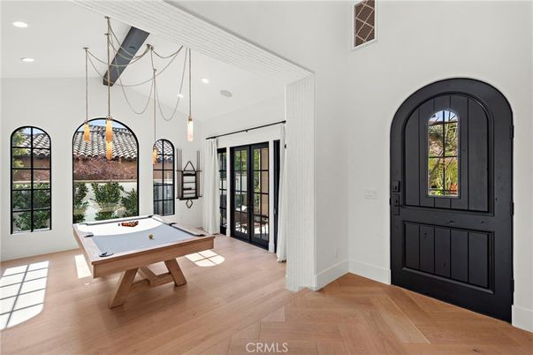 Billiard Table, Game Room, Interior, Pendant Lights, Recessed Lighting, Wood Texture Flooring