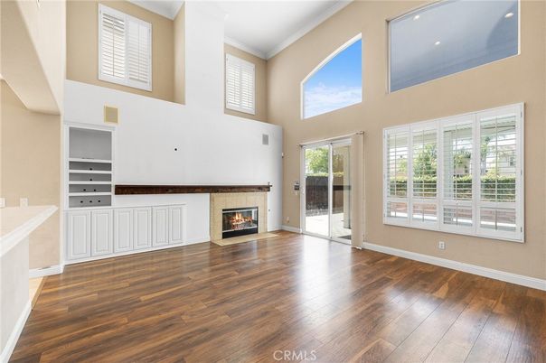 Empty room, Fireplace, Interior, Recessed Lighting, Wood Texture Flooring