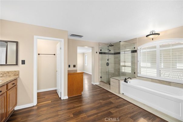 Bathroom, Glass Shower, Interior, Wood Texture Flooring