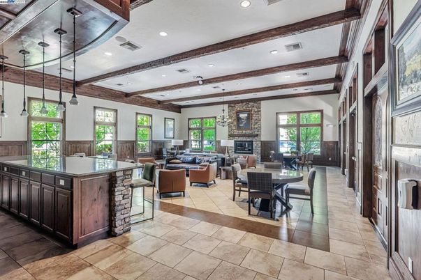 Dining room, Fireplace, Interior, Living room, Pendant Lights, Recessed Lighting, Wooden Beams