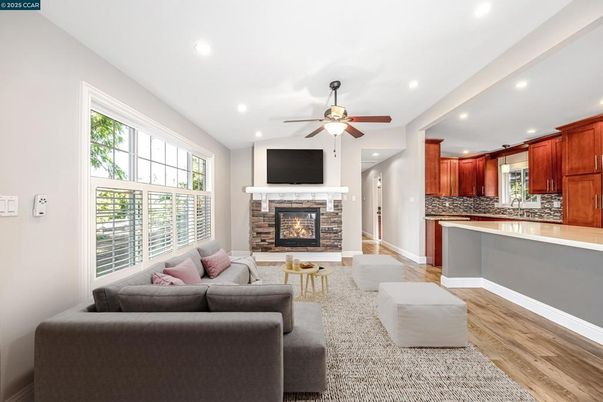Fireplace, Interior, Kitchen, Living room, Recessed Lighting, Wood Texture Flooring