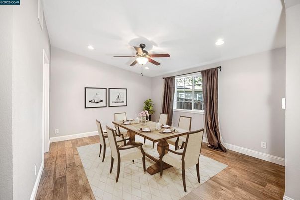 Dining room, Interior, Recessed Lighting, Wood Texture Flooring