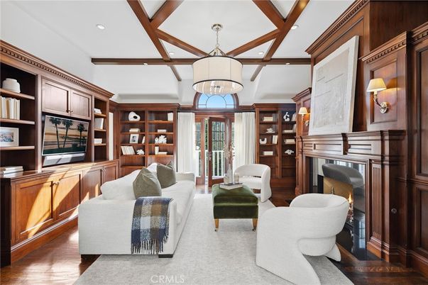 Fireplace, Interior, Living room, Pendant Lights, Recessed Lighting, Wooden Beams, Wood Texture Flooring, Wooden Walls