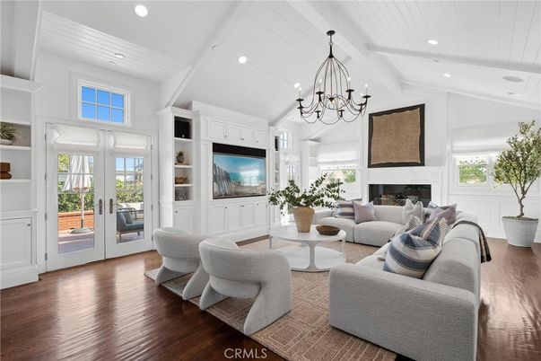 Chandelier, Fireplace, Interior, Living room, Recessed Lighting, Wood Texture Flooring