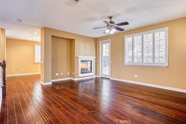 Empty room, Fireplace, Interior, Recessed Lighting, Wood Texture Flooring